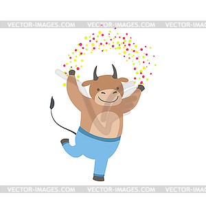 Bull Cute Animal Character Attending Birthday Party - vector clip art