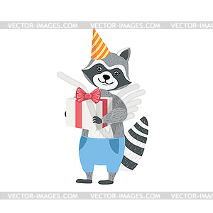 Raccoon Cute Animal Character Attending Birthday - vector image