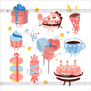 Child Birthday Party Sweets And Attributes - vector image