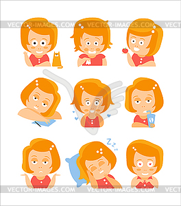 Little Red Head Girl Cute Portrait Icons - vector image