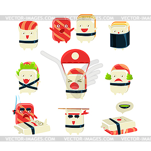 Japanese Sushi Man Different Activities - vector image