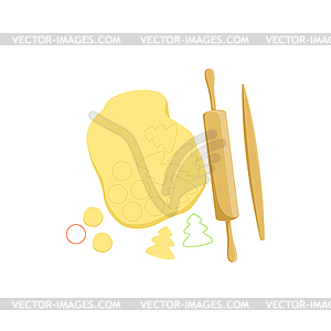 Dough And Rolling Pin Baking Process Kitchen - vector image