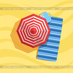 Blanket, Case And Umbrella Spot On Beach Composition - stock vector clipart