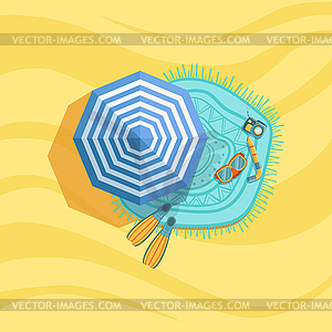 Snorkeling Equipment, Camera And Umbrella Spot On - vector image