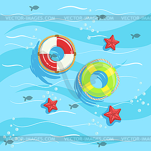 Два кольца буи с синий морской воды на фоне - клипарт в векторном формате
