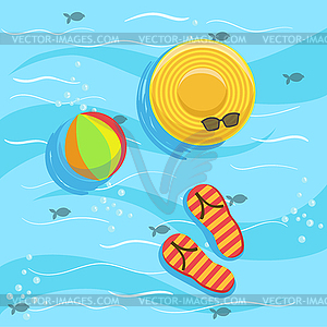 Hat, Flip-Flops And Ball With Blue Sea Water On - vector clipart / vector image