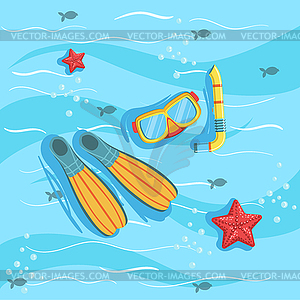 Snorkeling Equipment With Blue Sea Water On - vector clipart