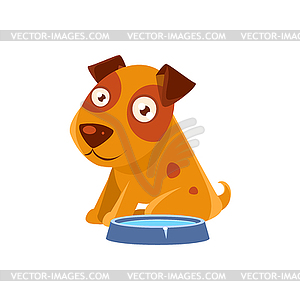 Puppy Sitting Next To Bowl With Water - vector image
