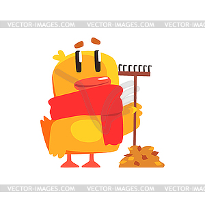 Duckling With Rake And Autumn Leaves Cute - vector clipart