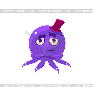 Snobbish Funny Octopus In Top Hat Emoji - vector clip art