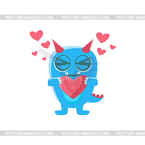 Blue Monster With Horns And Spiky Tail Holding Heart - vector clipart