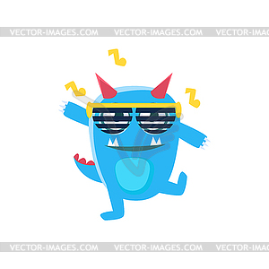 Blue Monster With Horns And Spiky Tail Dancing In - color vector clipart