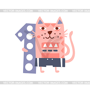 Cat Standing Next To Number One Stylized Funky - vector image