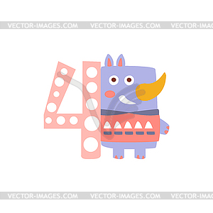 Rhinoceros Standing Next To Number Four Stylized - vector clip art