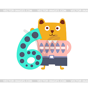 Bear Standing Next To Number Six Stylized Funky - vector image