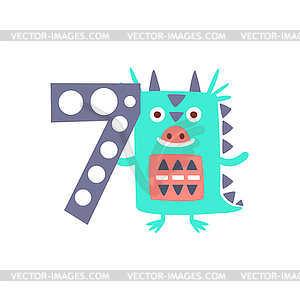 Dragon Standing Next To Number Seven Stylized - vector clipart