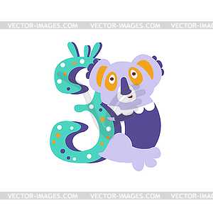 Koala Standing Next To Number Three Stylized Funky - vector clipart / vector image