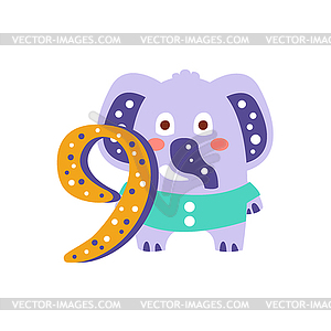 Elephant Standing Next To Number Nine Stylized Funk - color vector clipart