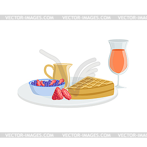 Waffle, Berry And Juice Breakfast Food Drink Set - vector clip art