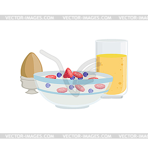 Cereals, Egg And Orange Juice Breakfast Food Drink - vector image