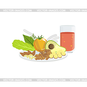 Vegetables, Nuts And Tomato Juice Breakfast Food - vector image