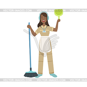 Hotel Professional Maid With Dustpan And Broom - vector image