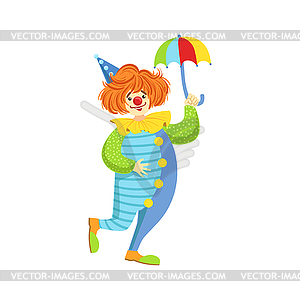 Colorful Friendly Clown With Mini Umbrella In - vector image