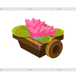 Wooden Pot With Water Lilies Isometric Garden - vector image