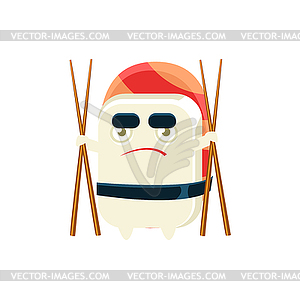 Funny Maki Sushi Character With Eating Sticks - vector clipart