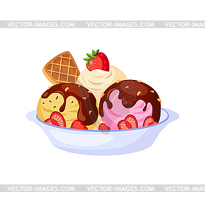 Two Scoops Of Ice-Cream With Toppings, Milk Based - vector image