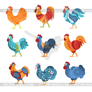 Rooster Similar Drawings Set Colored In Different - vector clip art