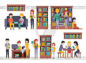 Library And Bookstore With People REading Choosing - vector clipart