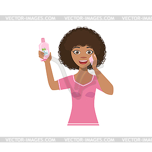 Woman Using Cleaning Lotion Home Spa Treatment - vector clipart