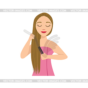 Woman Brushing Hair Home Spa Treatment Procedure - vector image