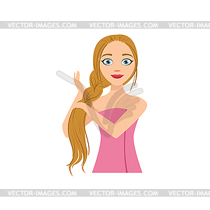 Woman Platting Hair Home Spa Treatment Procedure - vector image