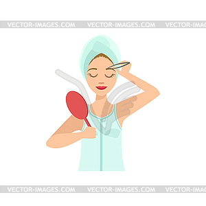 Woman Shaping Eyebrows With Tweezers Home Spa - vector image
