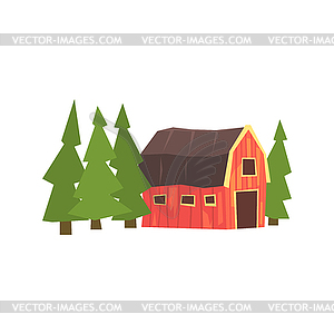 Barn And Fir Trees Colorful Farm Sticker - vector clipart