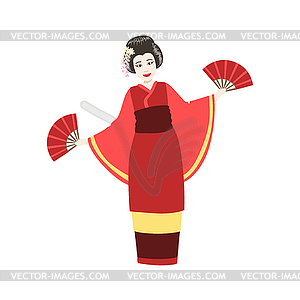 Japanese Geisha Doing Fan Dance - vector clipart