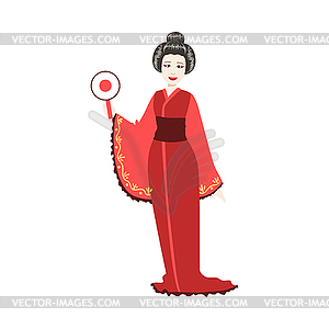 Japanese Geisha With Round Fan - vector image