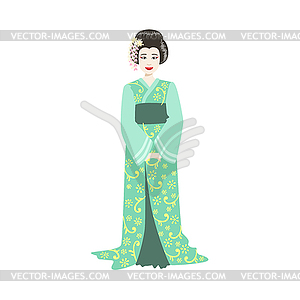 Japanese Geisha In Turquoise Kimono - vector image