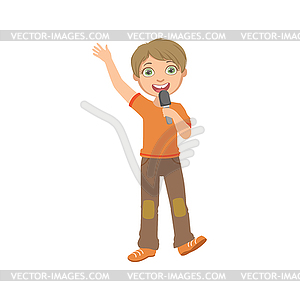 Boy In Orange T-shirt Singing In Karaoke - vector image