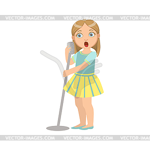 Girl In Yellow Skirt Singing In Karaoke - vector clip art