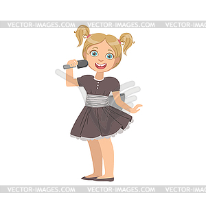 Girl In Black Dress Singing In Karaoke - vector clipart