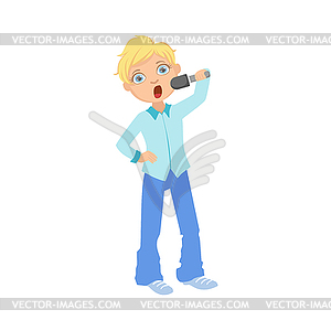 Boy In Blue Outfit Singing In Karaoke - vector clip art