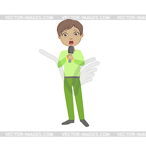 Boy In Green Outfit Singing In Karaoke - vector clip art