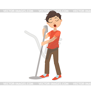 Boy In Red T-shirt Singing In Karaoke - vector clipart