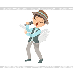 Boy In Hat Singing In Karaoke - vector clipart