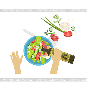 Child Cooking Salad With Only Hands Visible of Above - vector clipart