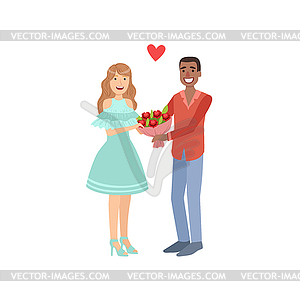 Couple In Love, MAn Presenting Bouquet - vector image