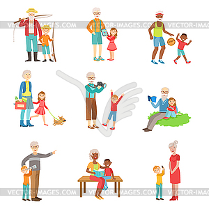 Grandparents And Kids Spending Time Together Set - vector clip art